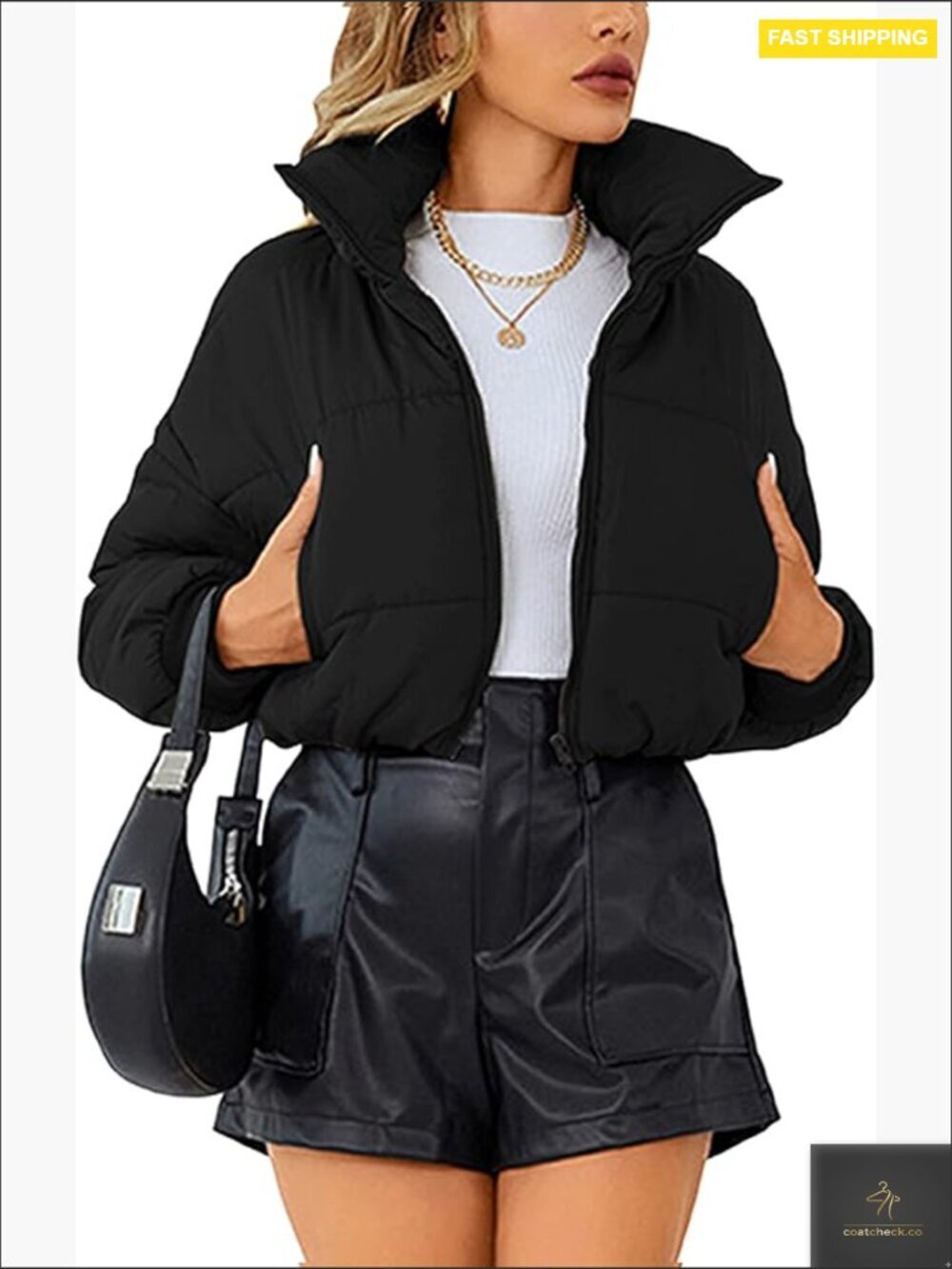 Quilted Puffer Jacket Cropped Modern Lightweight Winter Coat Stand Collar